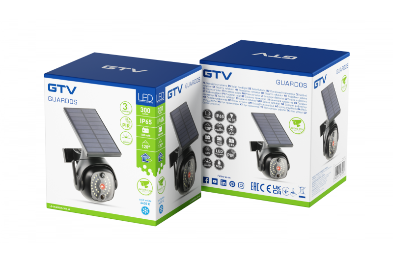 Solflodsljus med rörelse- och skymningssensor GUARDOS, LED, 300lm, 6400K, 1200mAh, IP65, dummykamera