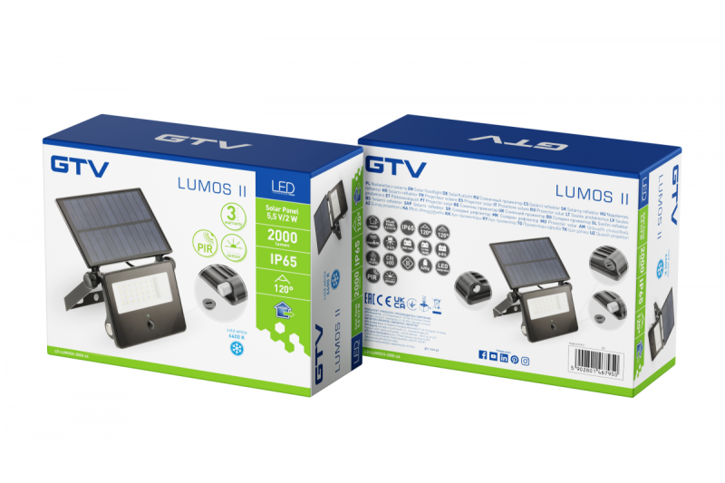 Solflodljus LUMOS II, LED, 2000lm, 6400K, 2600mAh utbytbar, IP65, svart