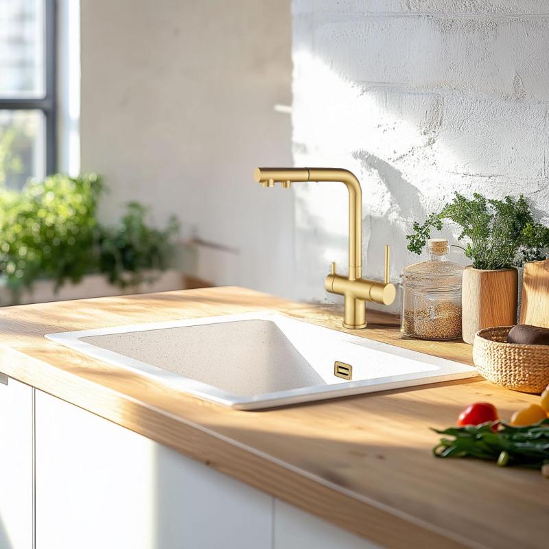 Ausmann Ellington 3-vägs köksblandare med utdragbar pip och filtrerat vatten – Guld – 1208970498