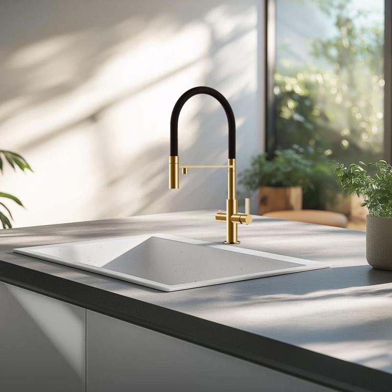 Ausmann Claridge 3-vägs köksblandare med flexibel pip och filtrerat vatten – Guld - 1208970504