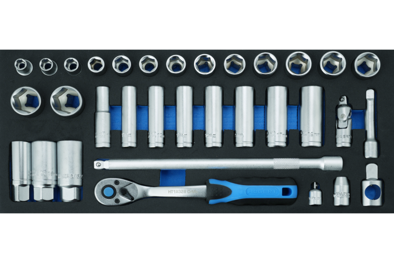 3/8" skiftnyckelsats, 33 stycken, EVA-insats.