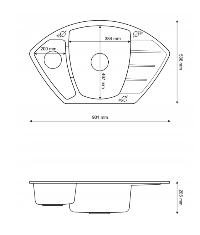 Graniteland Monte Granit svart kalksten diskbänk hörnmontering 901x538mm med rostfri plugg 1208970601