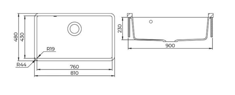 AquaGranite Modulo R19 stor granitsvart diskho 76x43 cm undermonterad och ovanmonterad med rostfri propp 1208970688.