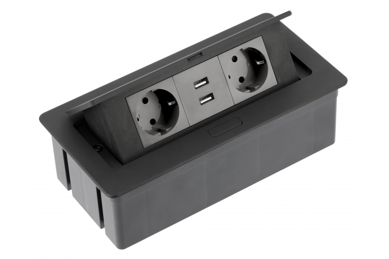 Skrivbordskabel SOFT 2x schuko-uttag, USB 2.1A, strömkabel med kontakt, svart
