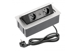 MJUK möbeluttagslåda 2x uttag med jordning, USB A+C, strömkabel med stickkontakt, aluminium.