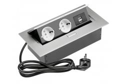 Skrivbordsförlängningskabel 2x Schuko-uttag, 2x USB, strömkabel med plugg, aluminium