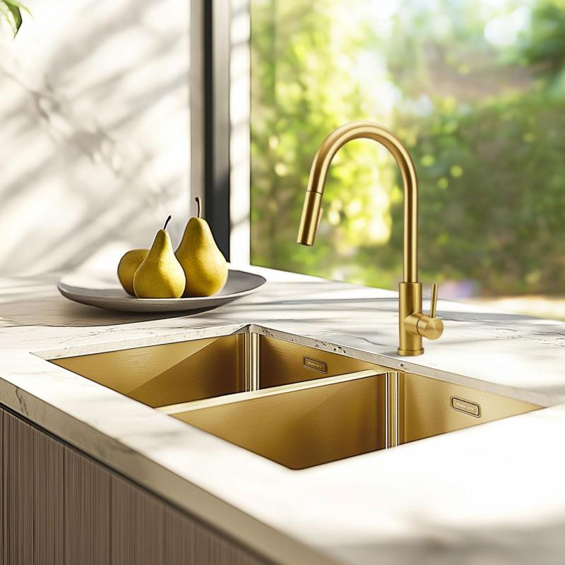 Pure.Sink Prestige Dubbel Guld diskho 70x40 cm 10mm radie undermontering, planmontering och överbyggnad PPG343440-60