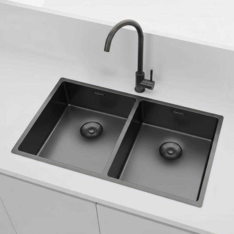 Pure.Sink Prestige Dubbel Gun metal diskbänk 70x40 cm 10mm radie undermontering, planmontering och påbyggnad PPG343440-61