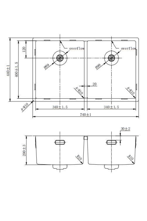 Pure.Sink Prestige Dubbel Koppar diskho 70x40cm 10mm radie undermontering, planmontering och överbyggnad PPG343440-62 - Productafbeelding 4