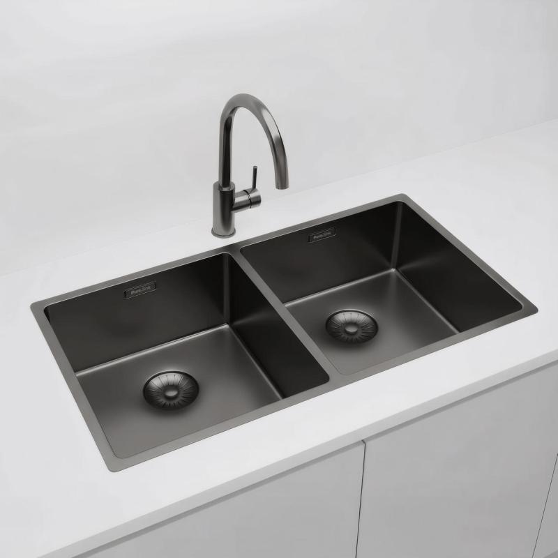 Pure.Sink Prestige Dubbel Gun metal diskbänk 82x40 cm 10mm radie undermontering, planmontering och överbyggnad PPG404040-61