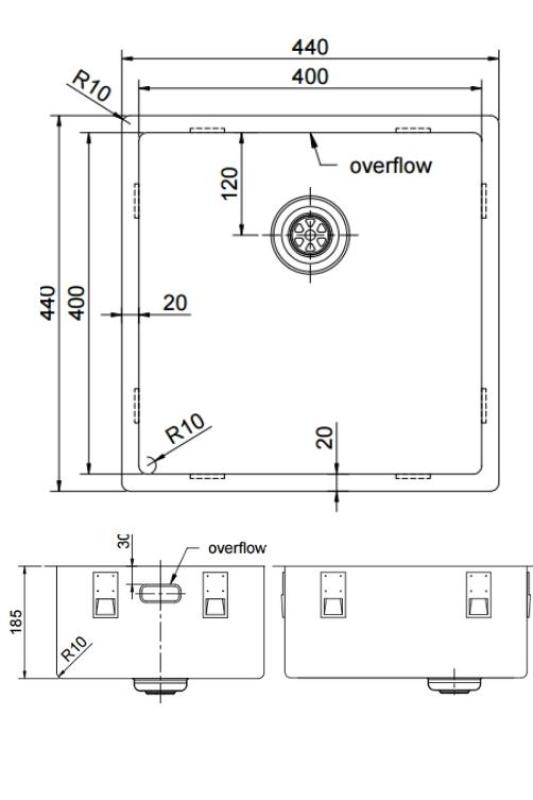 Pure.Sink Exclusivo RVS diskbänk 40x40 cm 10mm radie underbyggnad, planbyggnad och överbyggnad PEX4040-02