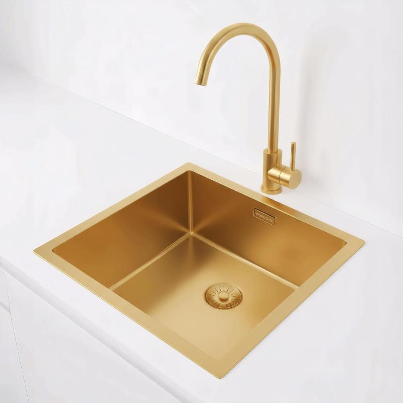 Pure.Sink Exclusivo Guld diskbänk 40x40 cm 10mm radie undermontering, planmontering och övermontering PEX4040-60