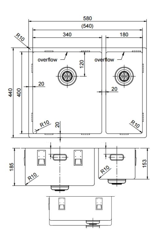 Pure.Sink Exclusivo Guld 1,5 en och en halv diskho 34+18 cm 10mm radie PEX341840-60 - Productafbeelding 8