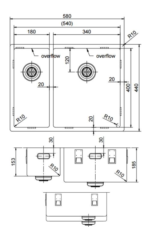 Pure.Sink Exclusivo Gun Metal 1,5 en och en halv diskho 18+34 cm 10mm radie PEX183440-61 - Productafbeelding 7