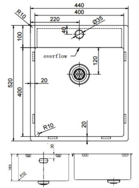 Pure.Sink Exclusivo Koppar diskho 44x52 cm Tapving med kranhålsbänk 10mm radie PEX4040T-62