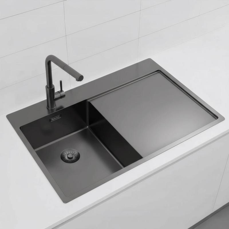 Pure.Sink Exclusivo Gun Metal liten diskbänk med avrinningsdel 78x52 cm Tapwing till vänster PEX3478LT-61
