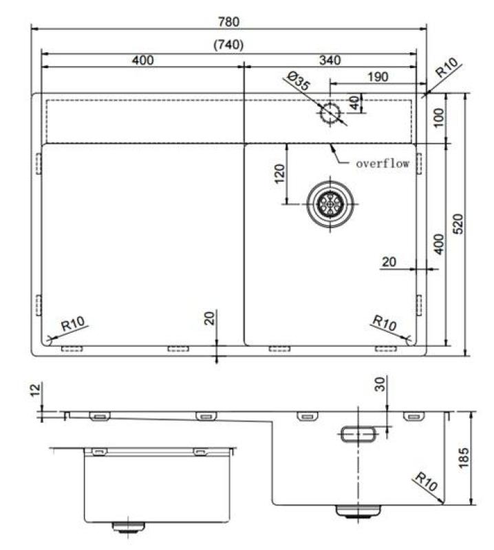 Pure.Sink Exclusivo RVS liten diskho med avrinningsområde 78x52 cm Tapwing till höger PEX3478RT-02