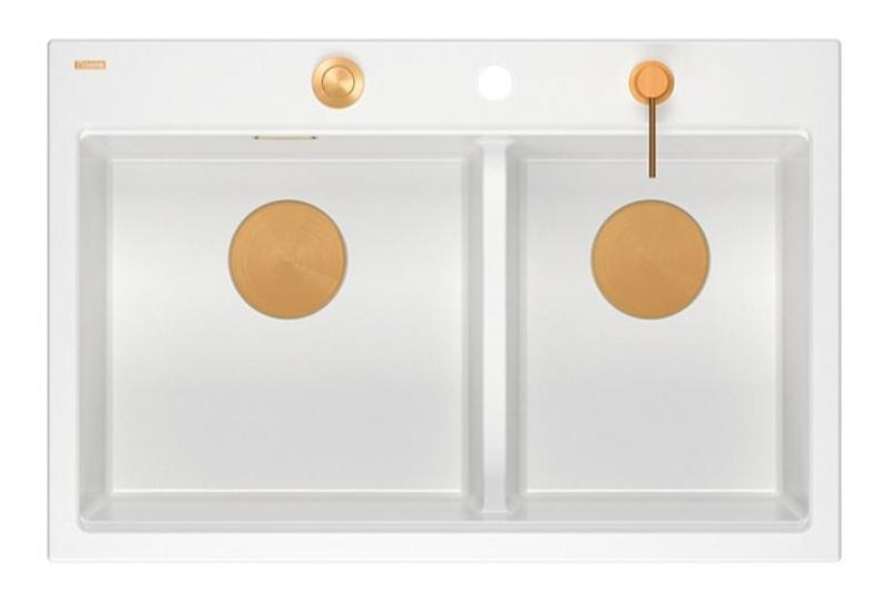 Quadri Hard Rock Dubbel Vit Granit Uppbyggnad Diskbänk 76 x 50 cm med Kopparplugg och tillbehör 1208971357