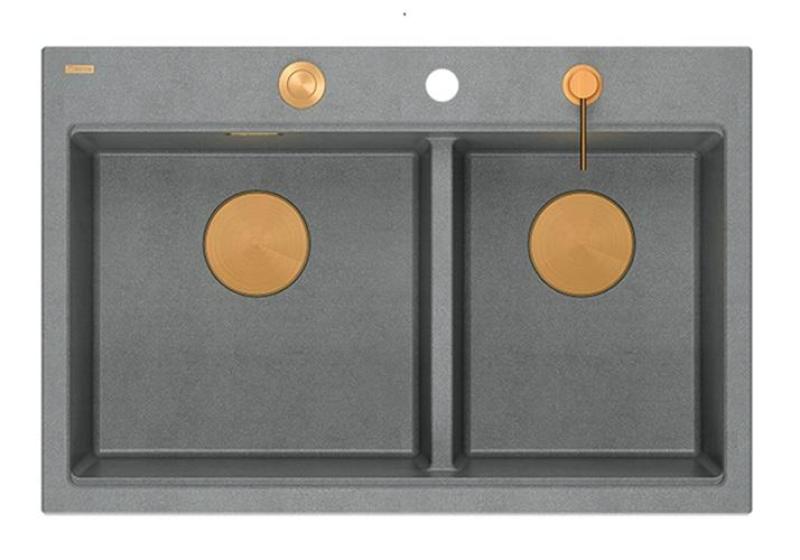Quadri Hard Rock Dubbel Grå Granit Överbyggnad Diskbänk 76x50 cm med Kopparplugg och tillbehör 1208971389