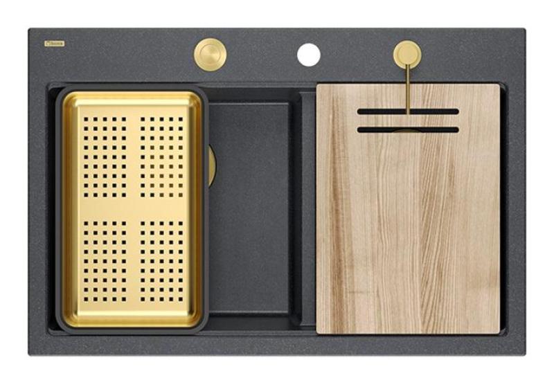 Quadri Hard Rock Dubbel Antracit Granit Påbyggnad Diskbänk 76x50 cm med Guldplugg och tillbehör 1208971393