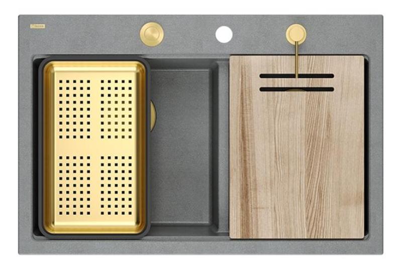 Quadri Hard Rock Dubbel Grå Granit Uppbyggnad Diskbänk 76x50 cm med Guldplugg och tillbehör 1208971394