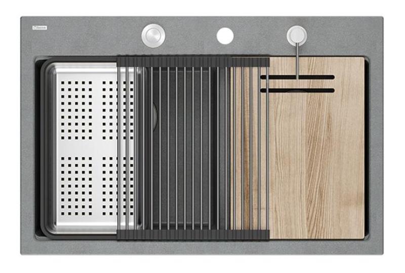 Quadri Hard Rock Dubbel Grå Granit Monterad Diskbänk 76x50 cm med Rostfritt Stål Plugg och Tillbehör 1208971400