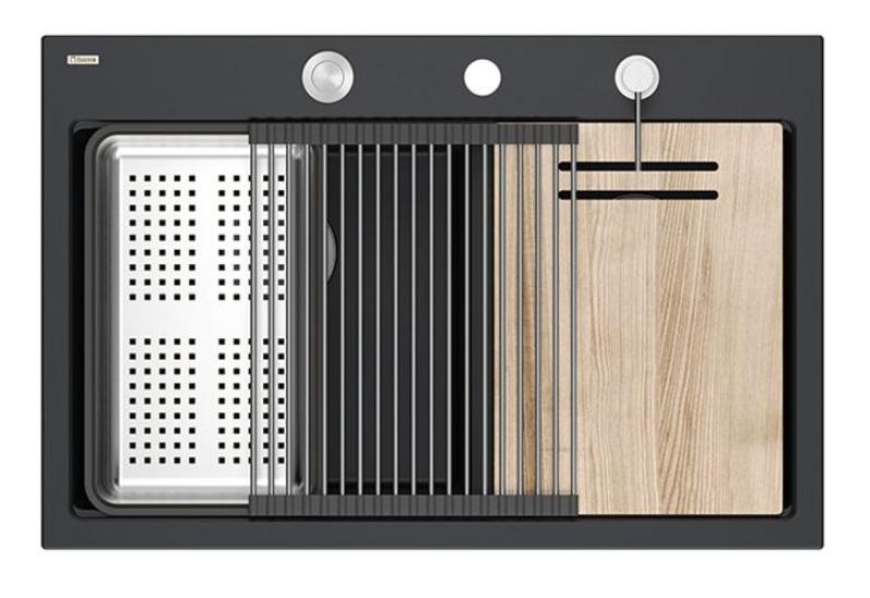 Quadri Hard Rock Dubbel Svart Granit Uppbyggnad Diskbänk 76x50 cm med Rostfritt Stål plugg och tillbehör 1208971401