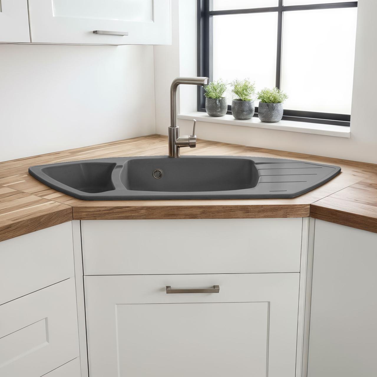 Graniteland Monte Granitgrå Hörndiskho uppsättning 901x538mm med Rostfritt stålpropp 1208971416 - Productafbeelding 2