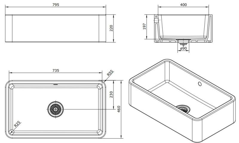 Ausmann Ceramic Mira Keramisk Vit Diskbänk - Undermontering och Mellanmontering 795 x 460 mm med Gun metal plugg 1208971468