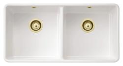 Ausmann Ceramic Mira Keramisk Vit Dubbel Diskbänk - Undermontering och Mellanmontering 890 x 456 mm med Guldpluggar 1208971471