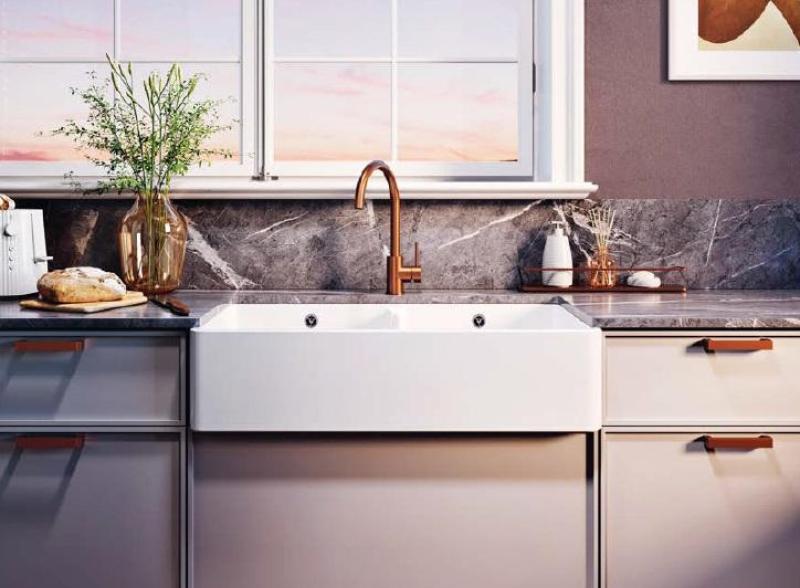 Ausmann Ceramic Mira Keramisk Vit Dubbel Diskho - Undermontering och Mellanmontering 890 x 456 mm med Kopparpluggar 1208971472