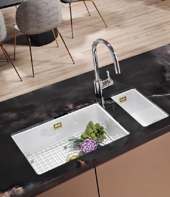 Ausmann Ceramic Ember Keramisk Vit halv Diskbänk Överbyggnad och Underbyggnad 174 x 400 mm med Guld plugg 1208971501