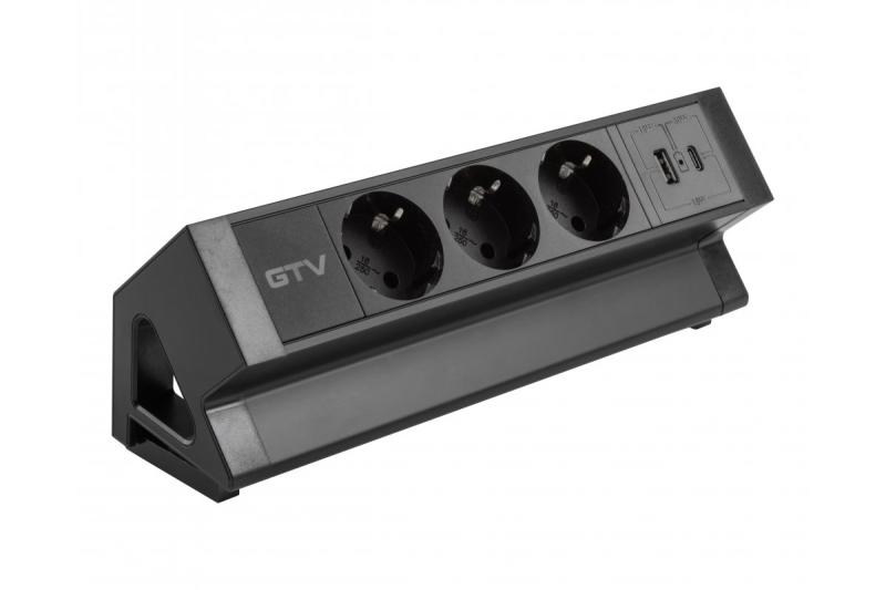 Möbeluttag BASCO, 3xSCHUKO, USB A+C, kabel 1,5 m, svart