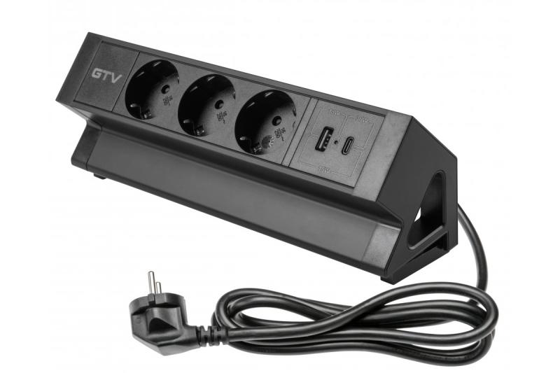 Möbeluttag BASCO, 3xSCHUKO, USB A+C, kabel 1,5 m, svart