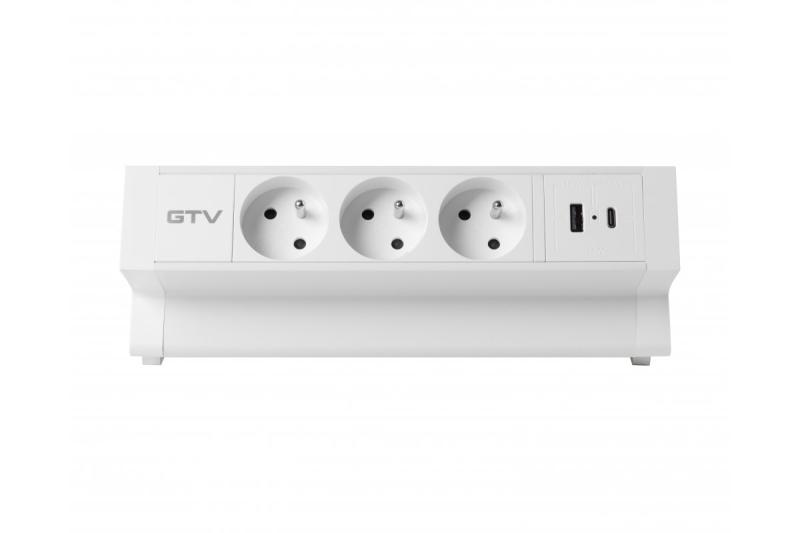 Basco möbeluttag, 3 x uttag med jordning, USB A+C, 1,5 m kabel, vit med montering