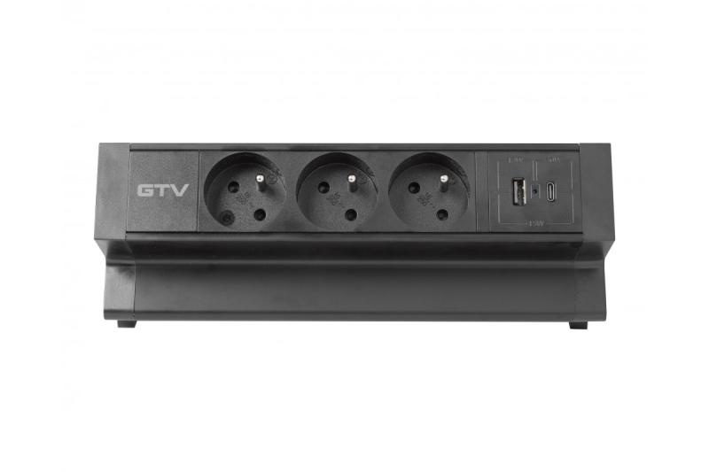 Basco möbelsuttag, 3 x uttag med jordning, USB A+C, 1,5 m kabel, svart med montering