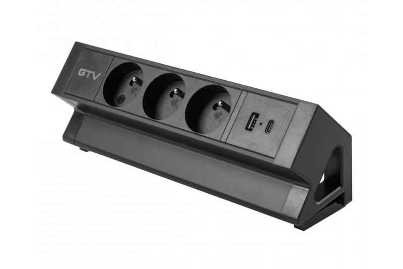 Basco möbelsuttag, 3 x uttag med jordning, USB A+C, 1,5 m kabel, svart med montering