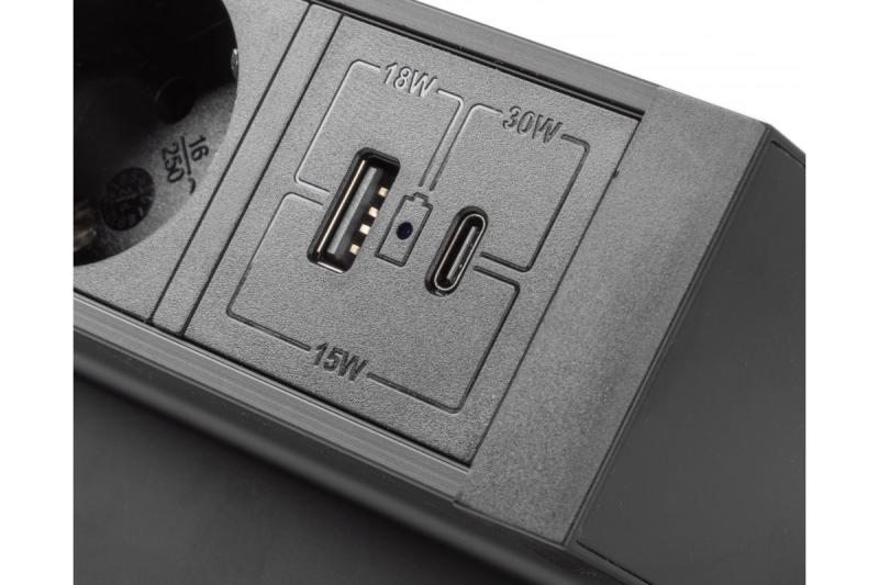 Basco möbelsuttag, 3 x uttag med jordning, USB A+C, 1,5 m kabel, svart med montering