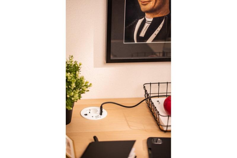 Möbeluttag RONDO, 1xSCHUKO, 1xUSB-A, 2xUSB-C, HDMI, RJ45-kabel 1,5 m, vit