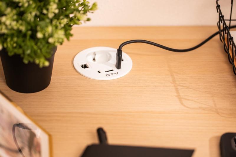 Möbeluttag RONDO, 1xSCHUKO, 1xUSB-A, 2xUSB-C, HDMI, RJ45-kabel 1,5 m, vit