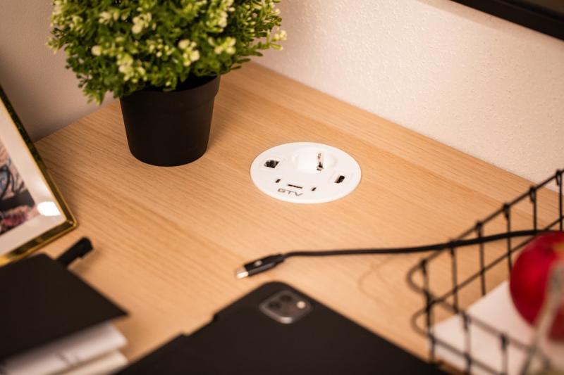 Möbeluttag RONDO, 1xSCHUKO, 1xUSB-A, 2xUSB-C, HDMI, RJ45-kabel 1,5 m, vit