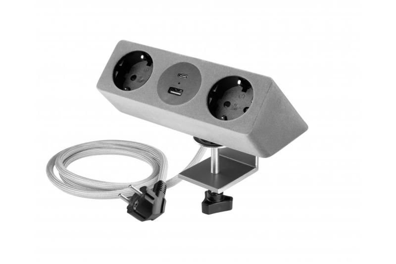 Möbeluttag SOFITO, 2xSCHUKO, USB A+C, kabel 1,5 m, grå flock