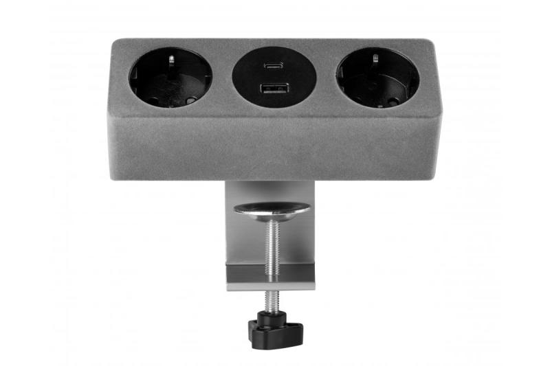 Möbeluttag SOFITO, 2xSCHUKO, USB A+C, kabel 1,5 m, grå flock