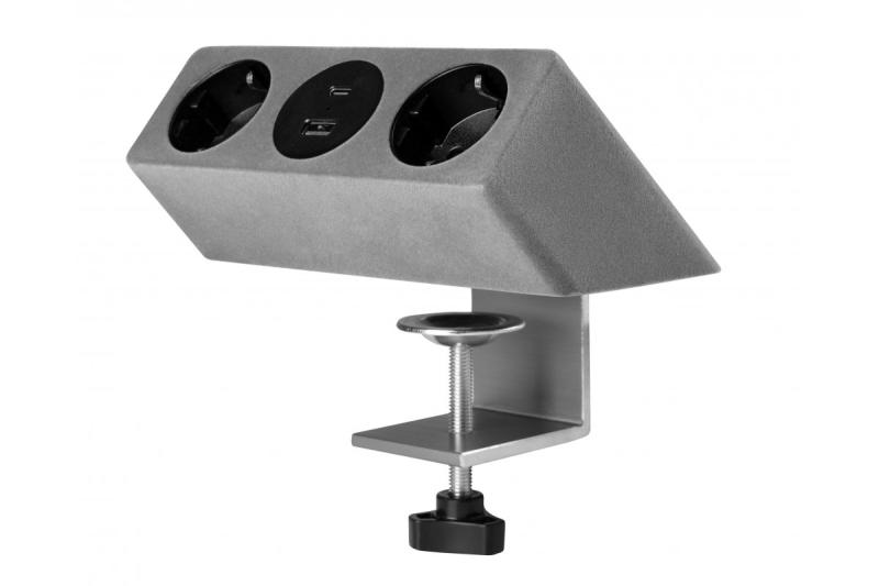 Möbeluttag SOFITO, 2xSCHUKO, USB A+C, kabel 1,5 m, grå flock