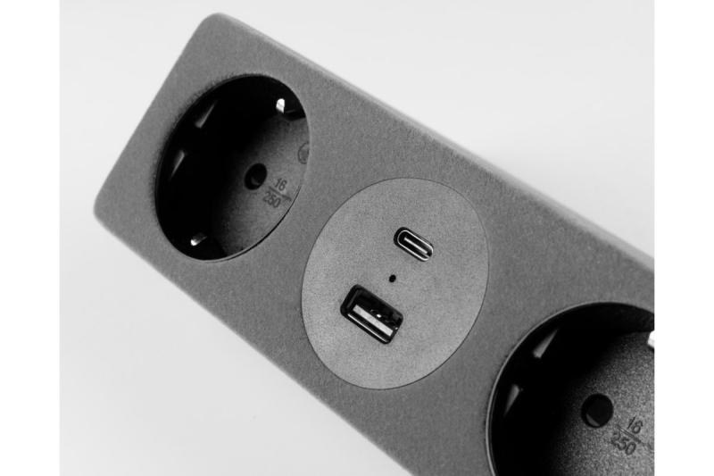 Möbeluttag SOFITO, 2xSCHUKO, USB A+C, kabel 1,5 m, grå flock