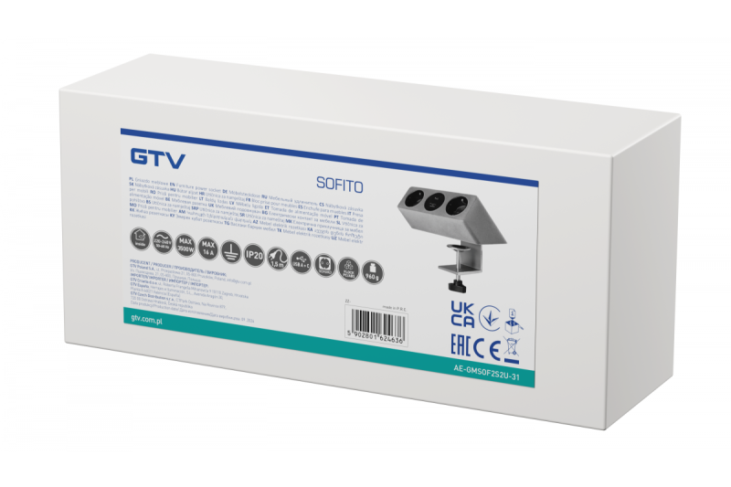 Möbeluttag SOFITO, 2xSCHUKO, USB A+C, kabel 1,5 m, grå flock