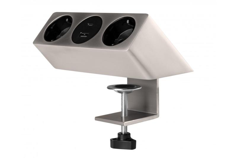 Möbeluttag SOFITO, 2xSCHUKO, USB A+C, kabel 1,5 m, rostfritt stål