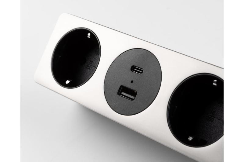 Möbeluttag SOFITO, 2xSCHUKO, USB A+C, kabel 1,5 m, rostfritt stål