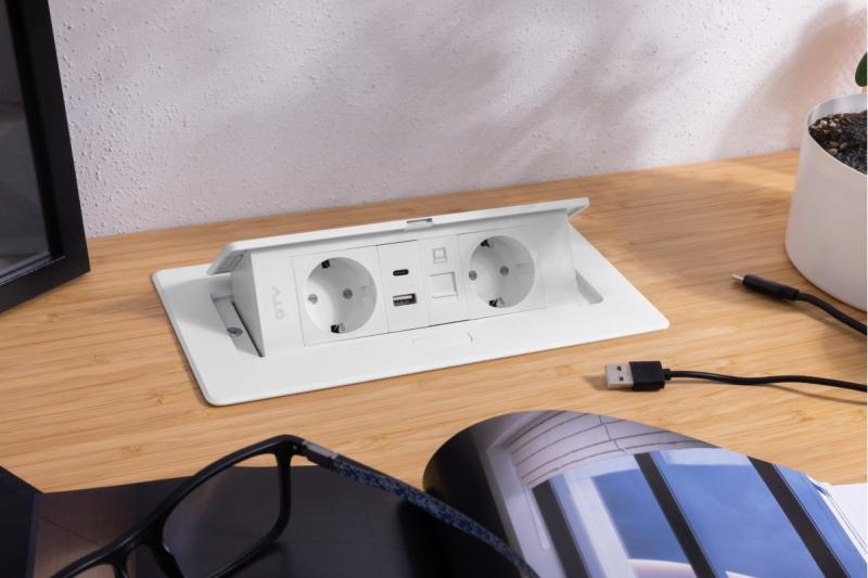 Möbeluttag MULTISOFT, 2xSCHUKO, USB A+C, RJ45, kabel 1,5 m, vit