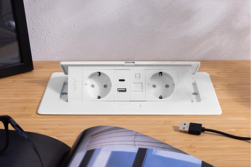 Möbeluttag MULTISOFT, 2xSCHUKO, USB A+C, RJ45, kabel 1,5 m, vit